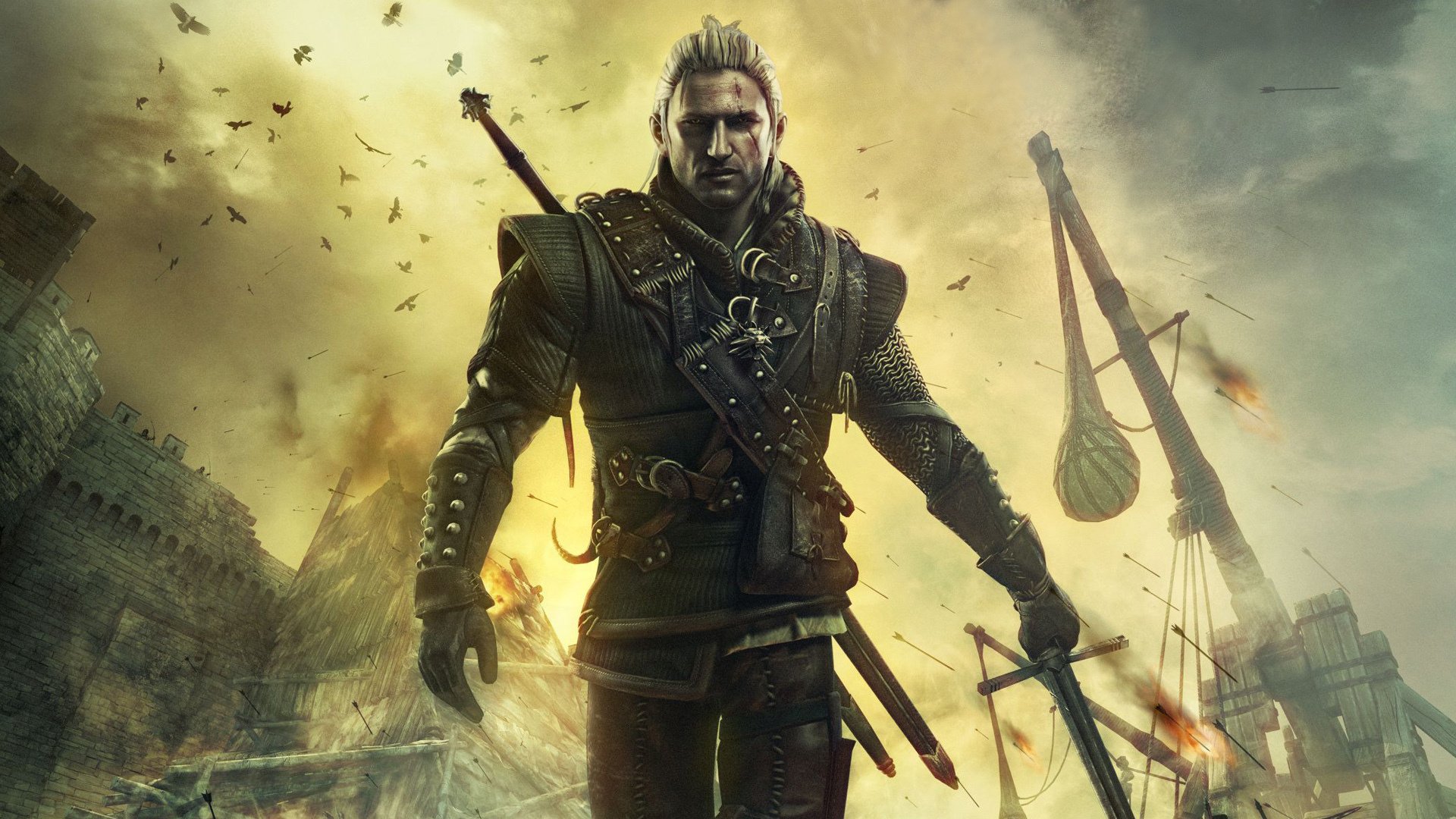 the witcher 2 held schwert schloss pfeile explosion krieger spiel zeichnungen anime männer