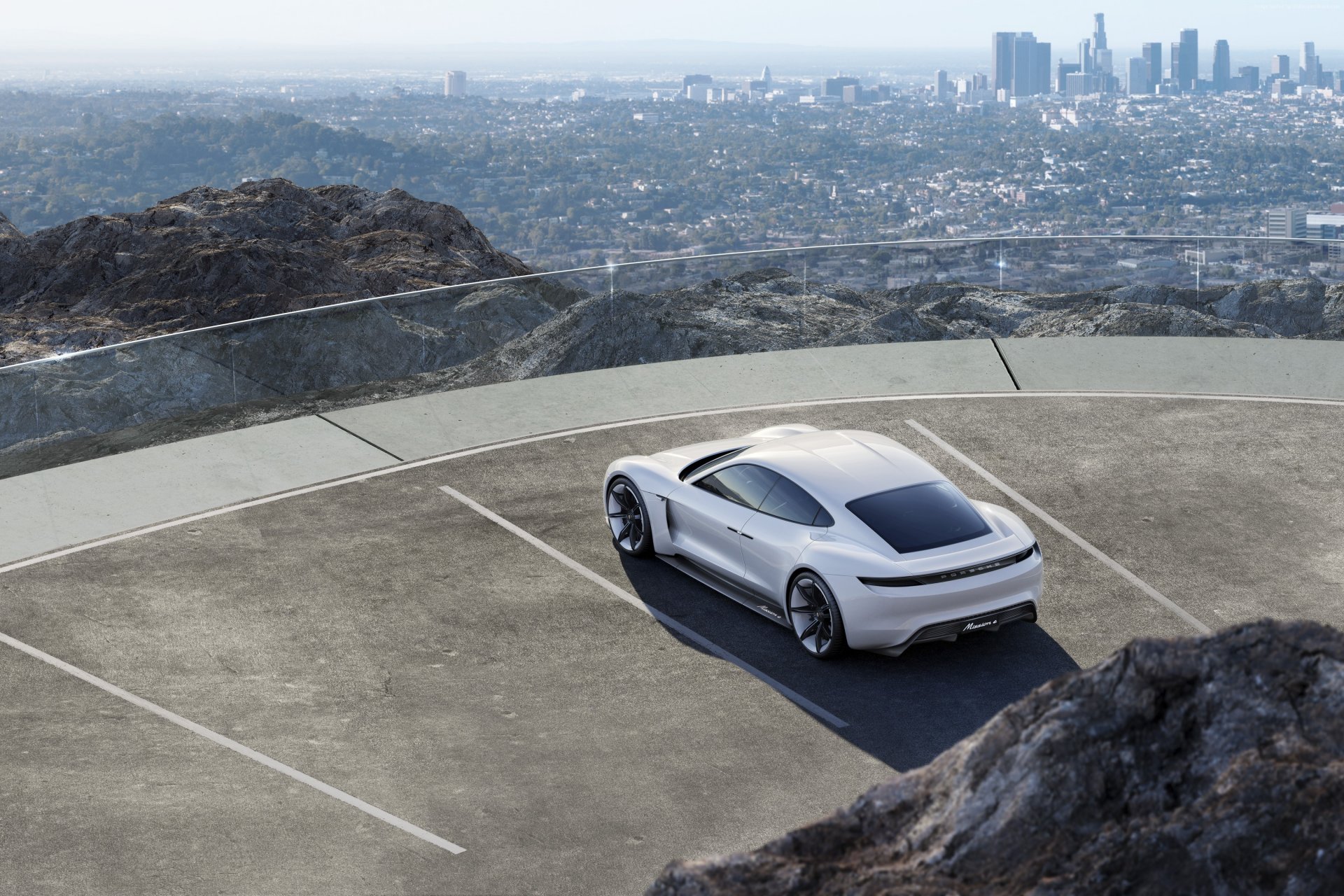 2015 porsche mission e konzept weiß stadt berg parkplatz draufsicht parken