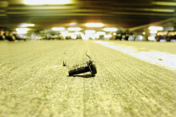 A rusty bolt lying alone on the asphalt