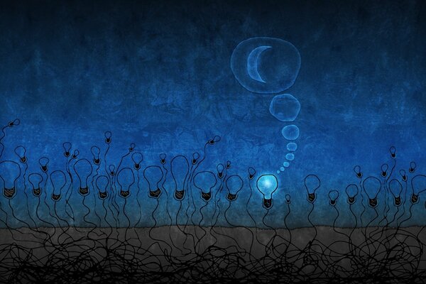 Abstract drawing of a blue moon and a forest of light bulbs