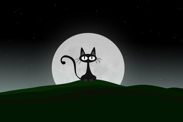 Chat noir dessiné sur fond de lune