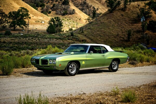 Pontiac green on a dirt road