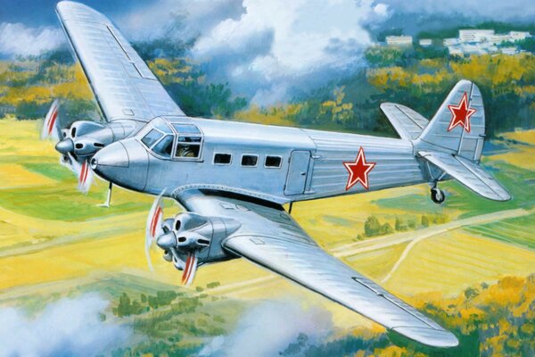 El avión soviético Yak 8 vuela sobre la pista