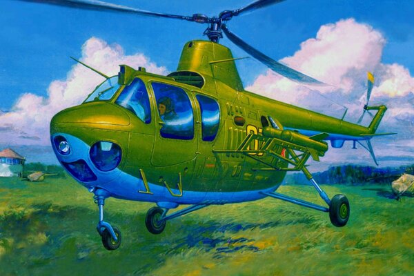 Un hélicoptère vert peint décolle dans les airs