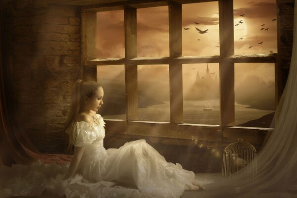 Una ragazza in abito bianco si siede sul pavimento di fronte alla finestra, dove è visibile un enorme castello