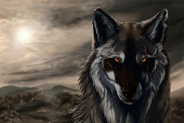 Необычный рисунок волка с угрожающим взглядом
