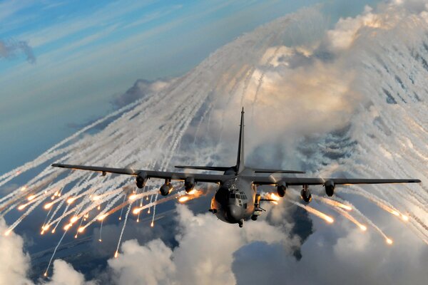 A flying plane emits smoke