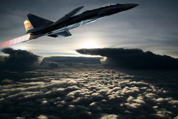 The Su 37 aircraft is gaining altitude above the clouds