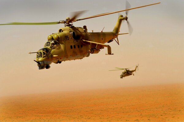 Mi-24 combat helicopters at altitude