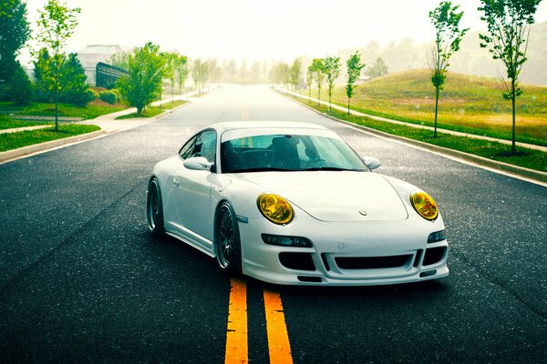 White Porsche with yellow headlights on the yellow dividing line of the highway among the bright greenery