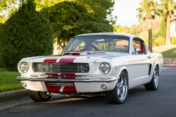 Ford Mustang bianca con striscia rossa sul paraurti