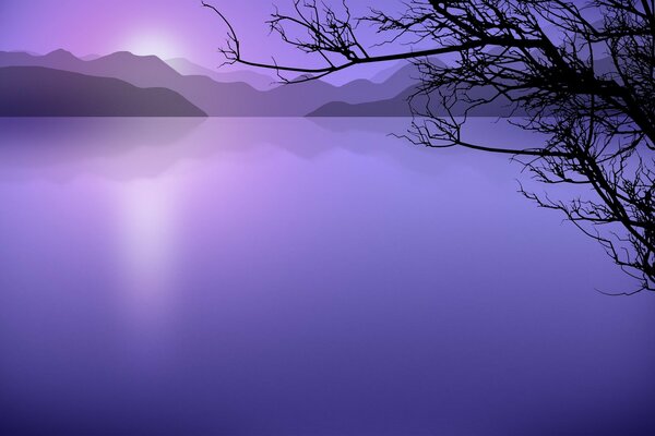 Lake mountains and tree branches in lilac tones