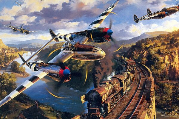 Three planes in the sky above a passing train