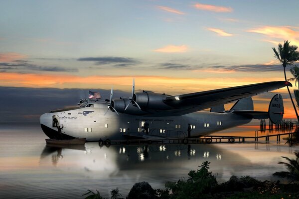 Amerikanisches Flugzeug in schwarzer Farbe auf dem Hintergrund von Wasser und Sonnenuntergang