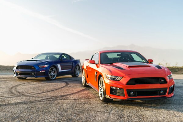 Dwa Ford Mustang na boisku o świcie