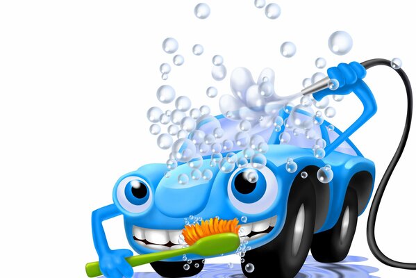 Blue car in foam and bubbles