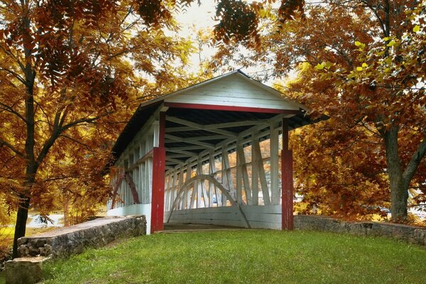 Überdachte Brücke unter Herbstbäumen