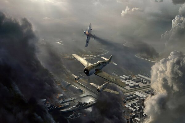 Guerra, Battaglia di Stormtrooper, città sopra la battaglia, aerei tra le nuvole