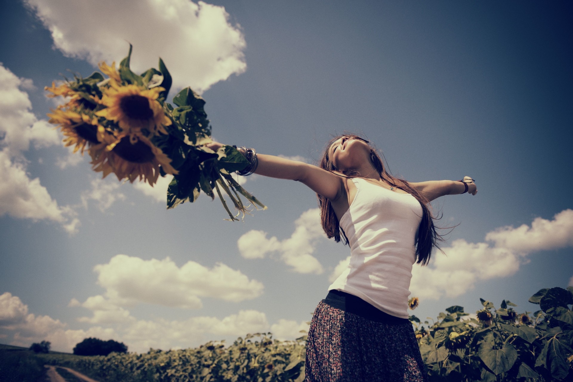 foglia fiori a schermo intero gioia ragazza umore widescreen sfondo carta da parati cielo relax fiore mano campo girasole