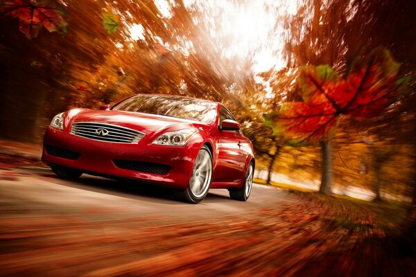 Red infiniti drives along the road. Autumn weather