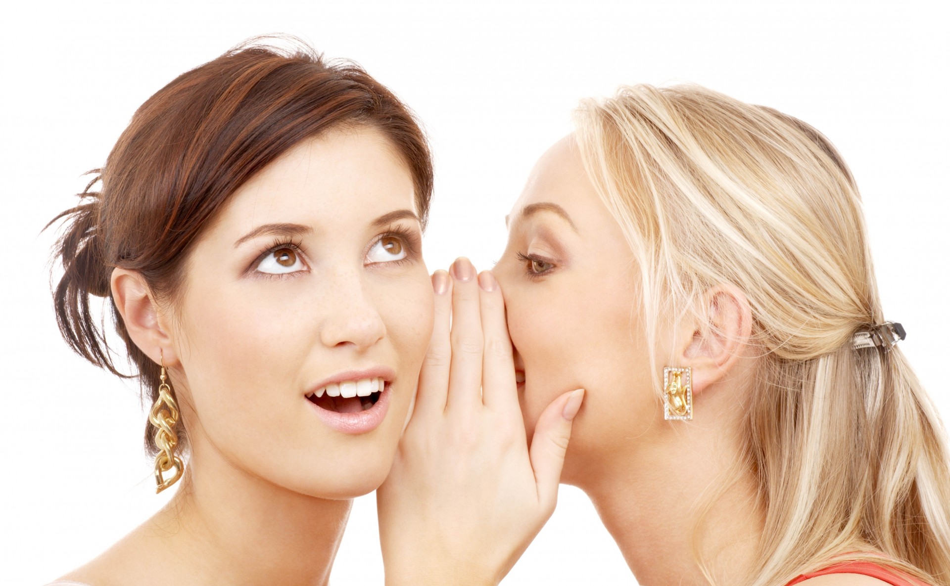 blonde brunette white background gossip face