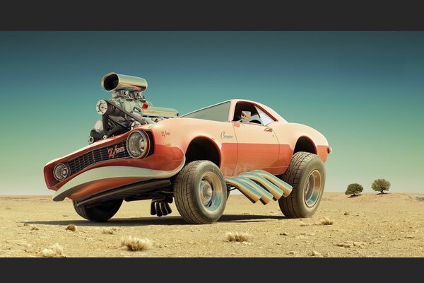 Desierto monstruo vehículo todo terreno sobre ruedas enormes surca las arenas