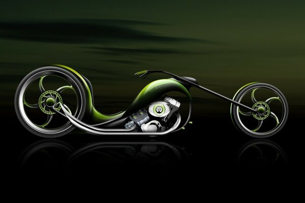 The concept of a green motorcycle on a dark background