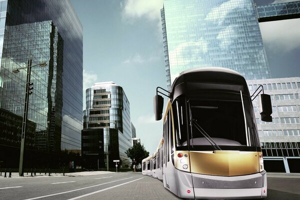 Il tram del futuro come una formica corre lungo i binari tra i giganti dei grattacieli