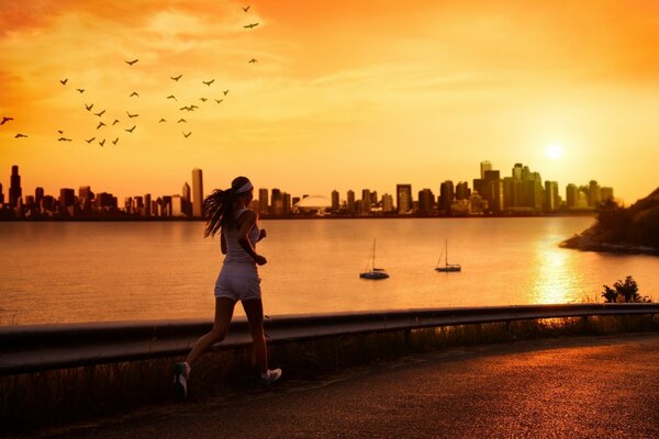 The girl is doing a morning jog