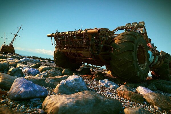 The SUV is standing on a rocky shore