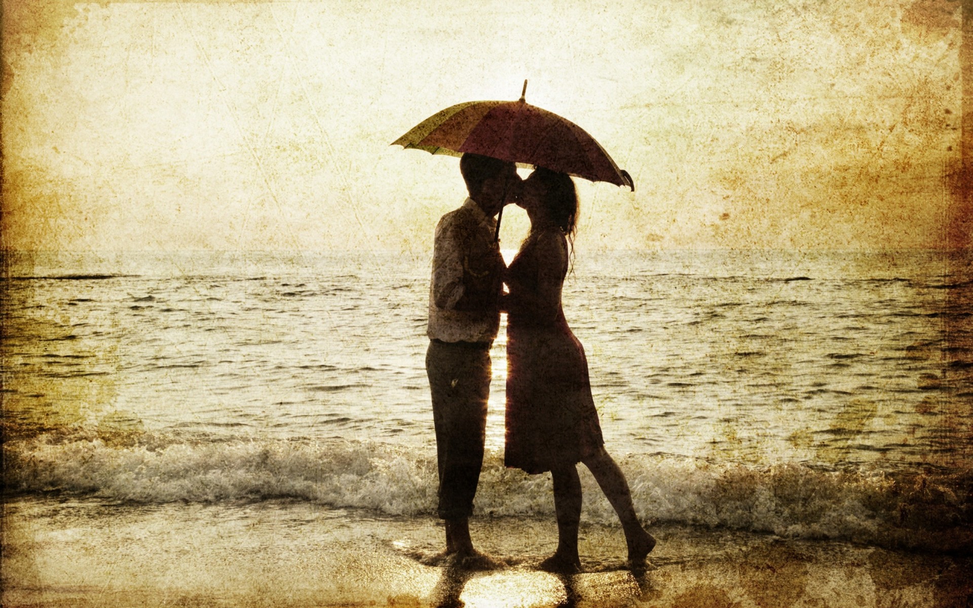 love pattern girl sunset water umbrella sea kiss beautiful man