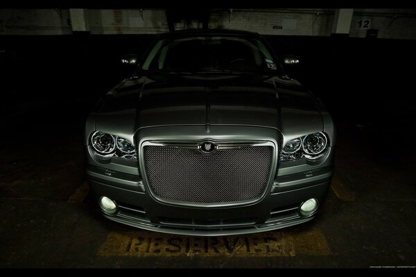 Large grille on the car in the garage