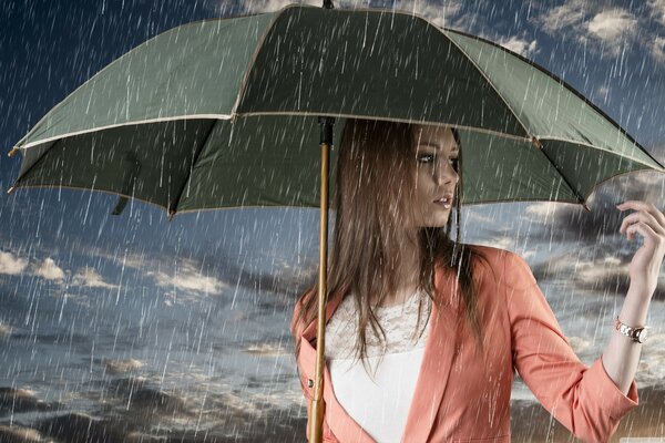 Morena chica con paraguas piso lluvia