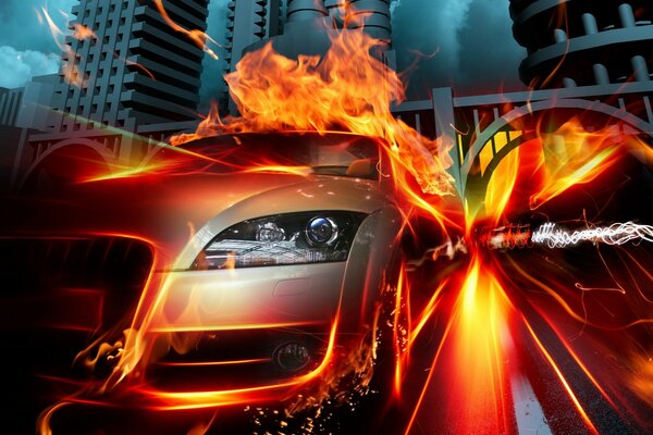 A gray car in a red flame in the photo of high-rise buildings