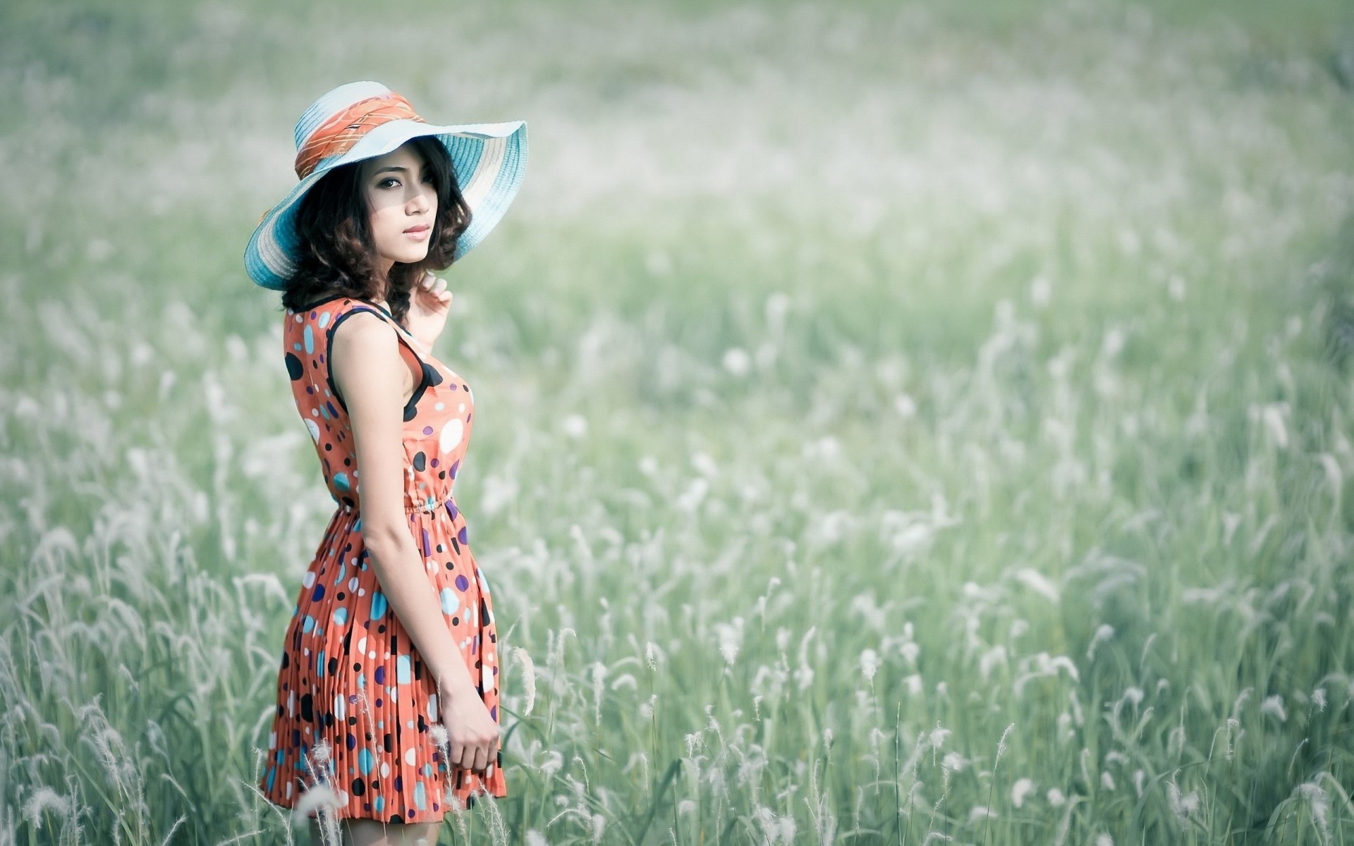 the field hat grass dress girl