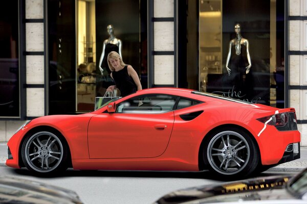 The girl gets into the car after shopping