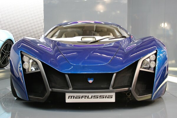 Bright blue Marusya car in the exhibition center