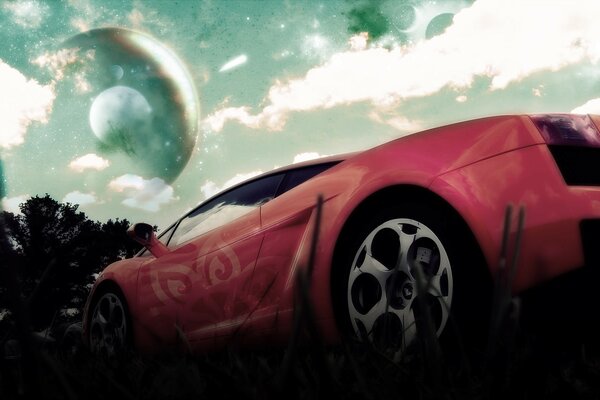 Lamborghini Gallardo on the background of the cosmic sky