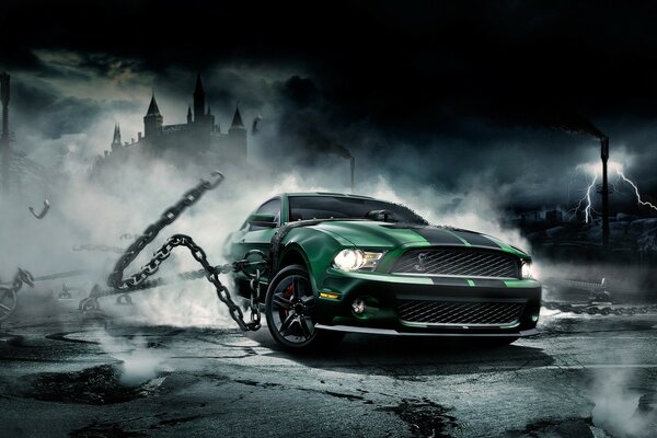 Green mustang in a night city drift