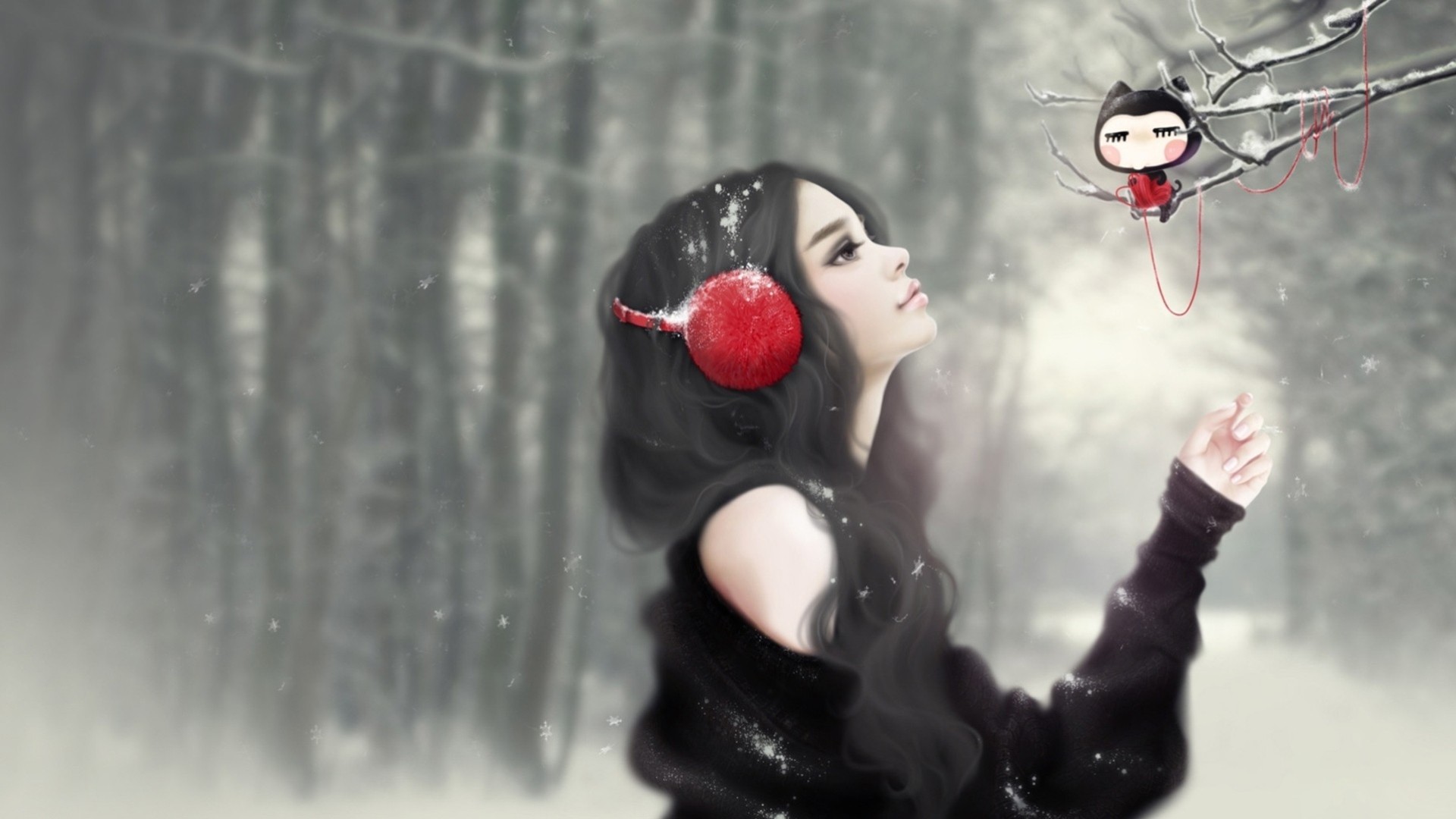 снег девушка брюнетка серый зима