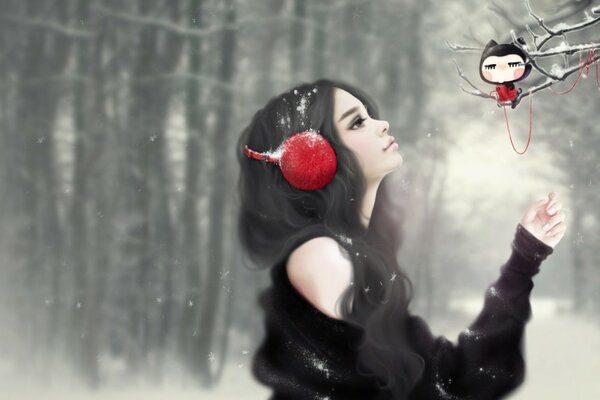 Brunette in red headphones in the winter forest