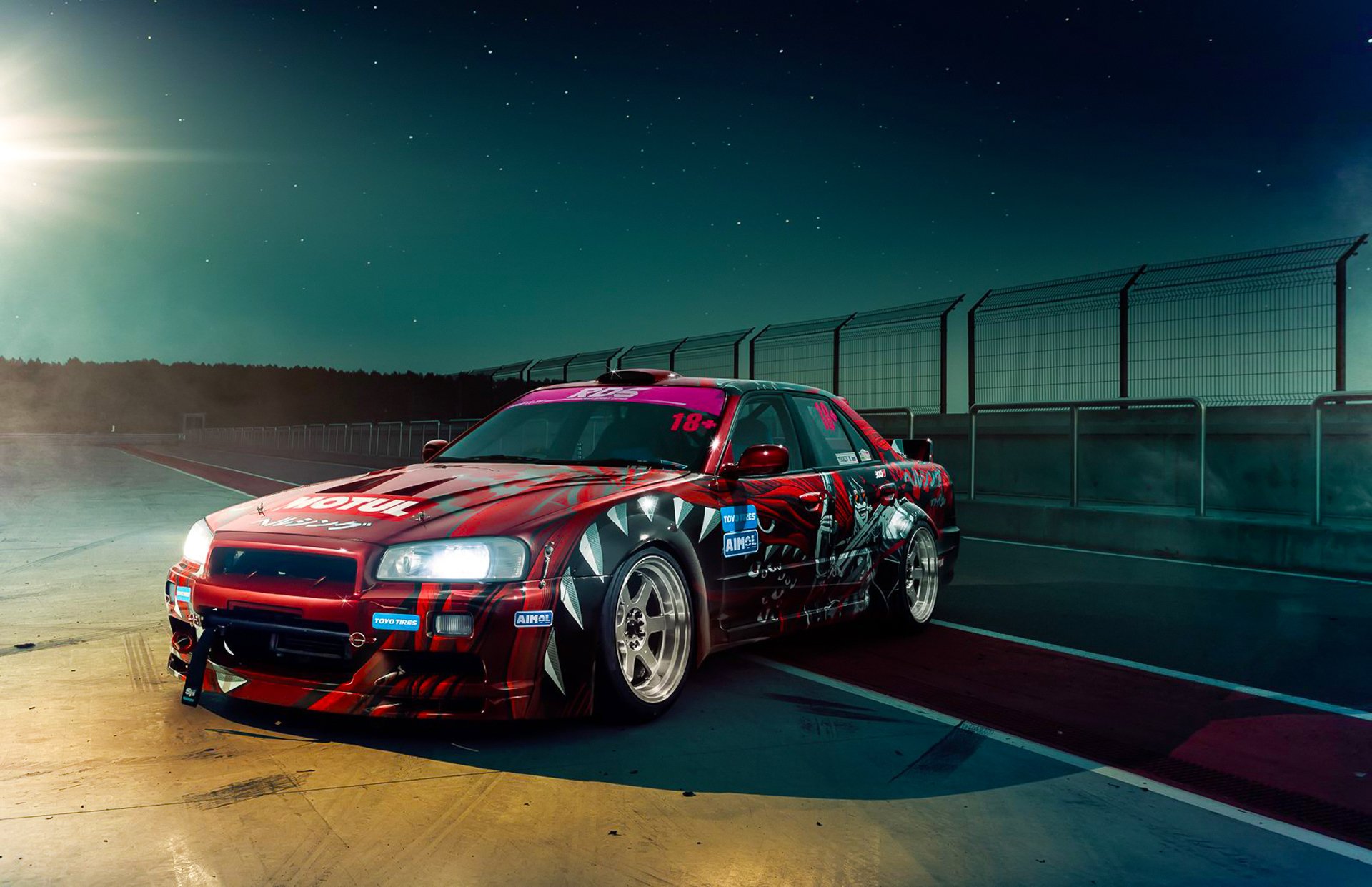 nissan skyline r34 gtr night raceway drift car track