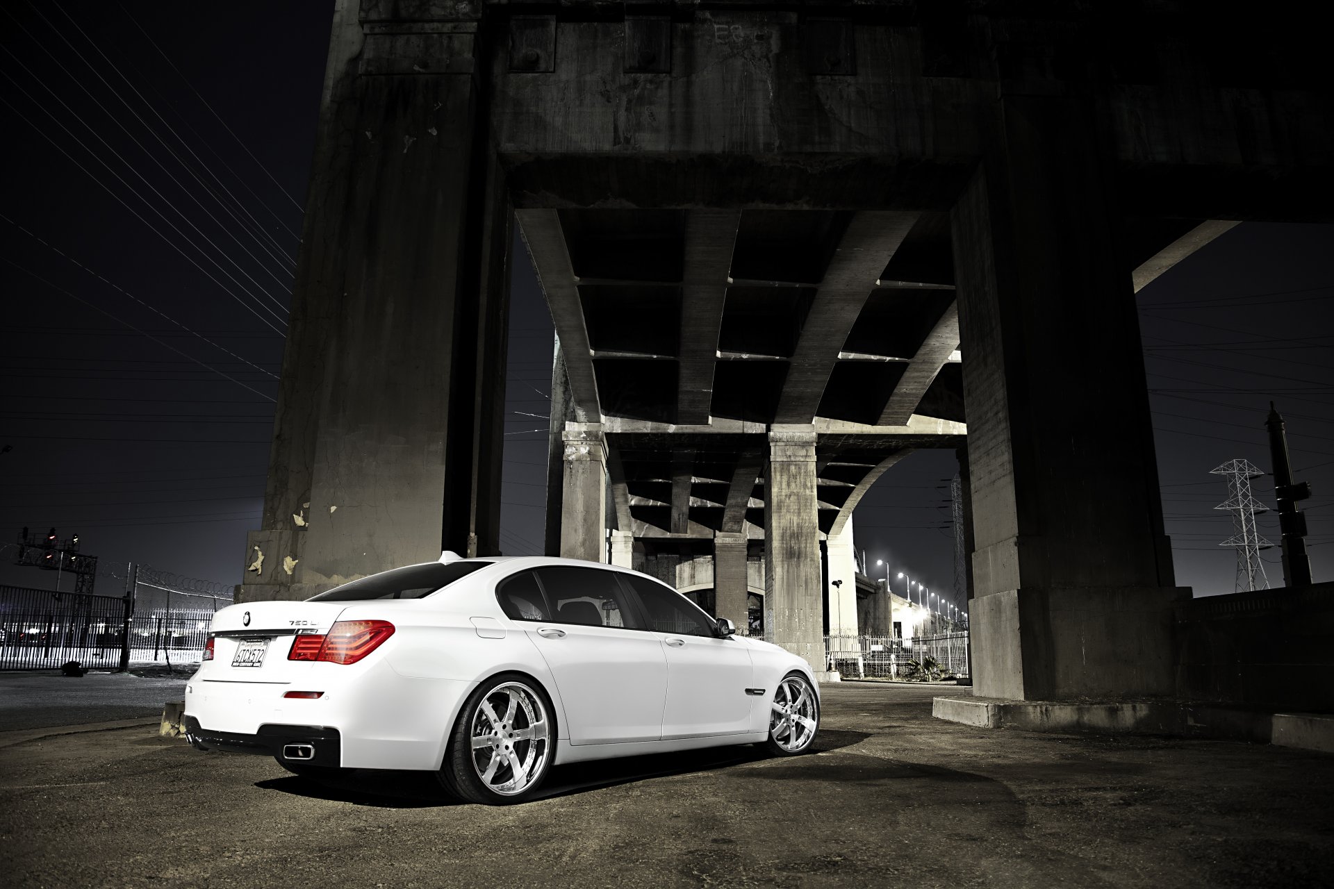 bmw 7 series 750li f02 white bmw night bridge concrete support