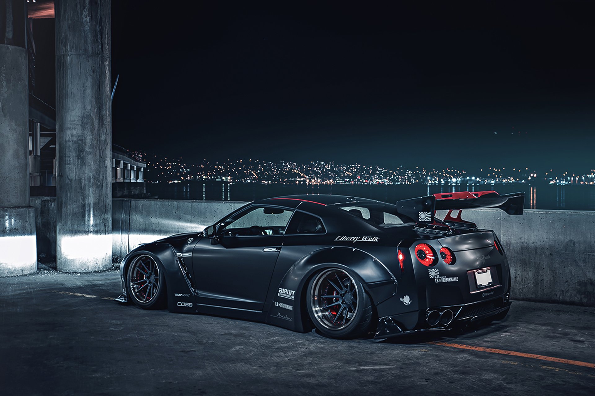 nissan gt-r r35 liberty matte black low japan sport car rear nigth city