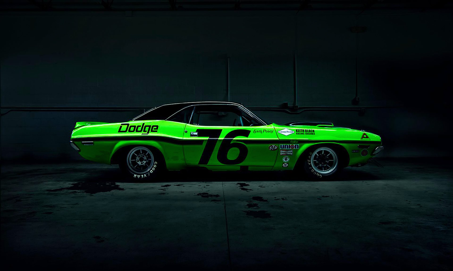 dodge challenger green american muscle car side race dark