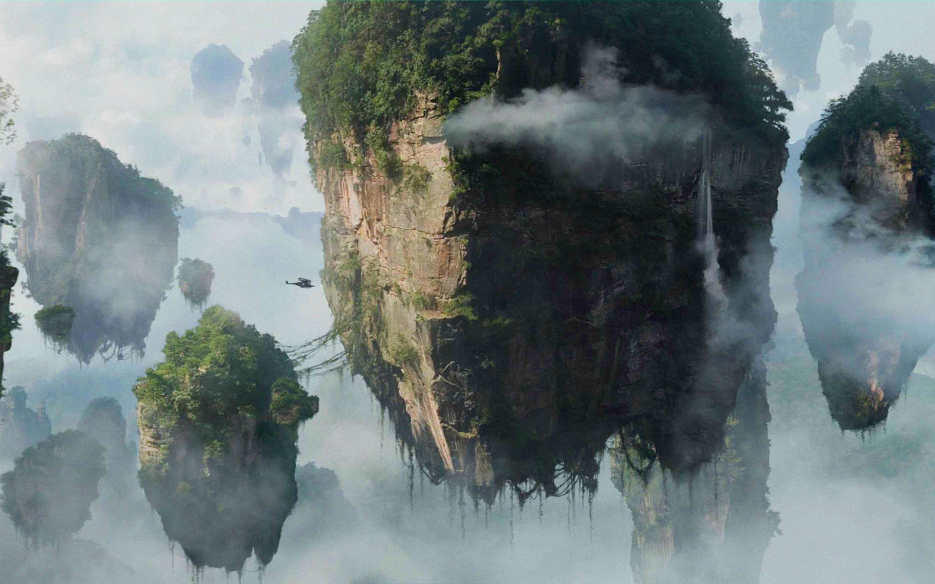 avatar islands rocks clouds greens reflection fog fiction movie