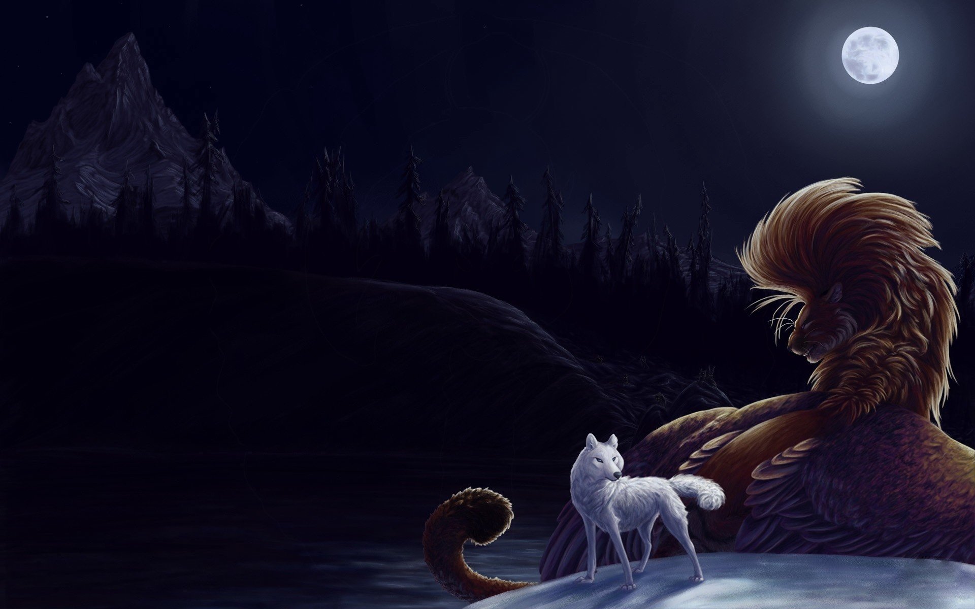 bosque noche luna lobo blanco animal dibujos anime