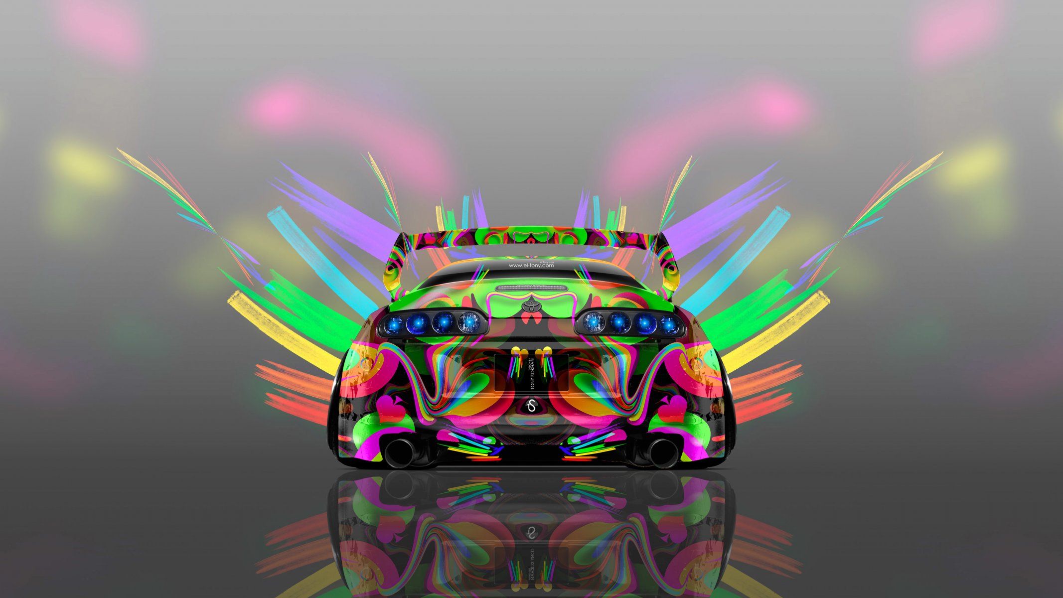 tony kohan toyota ci-dessus jdm super abstrait aérographe multicolors néon 4k fond d écran conception art style photoshop toyota supra vue arrière lumineux multicolore voiture lumineux multicolore auto abstrait jedame gris fond 4k