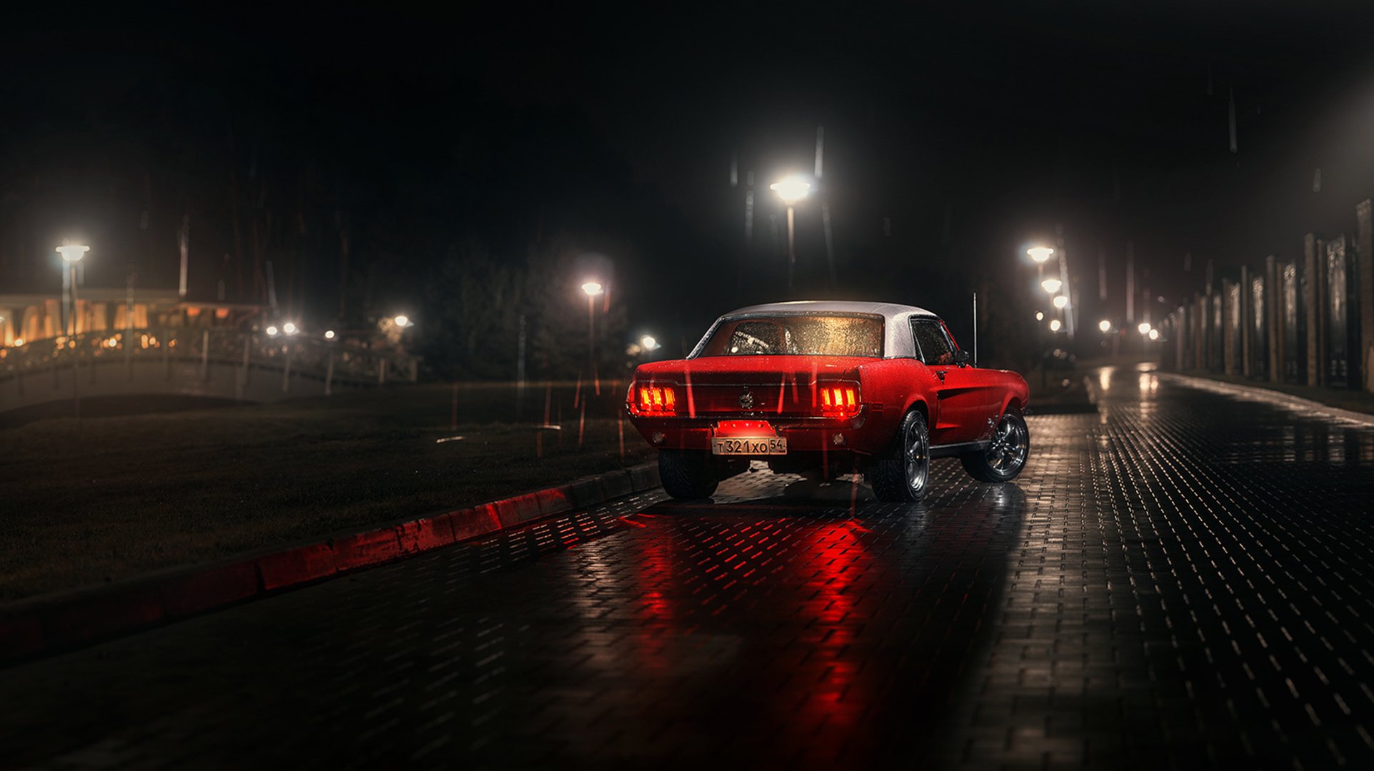 mustang ford 1967 trasero rojo blanco trasero lámpara reflexión estacionamiento postes de luz lluvia