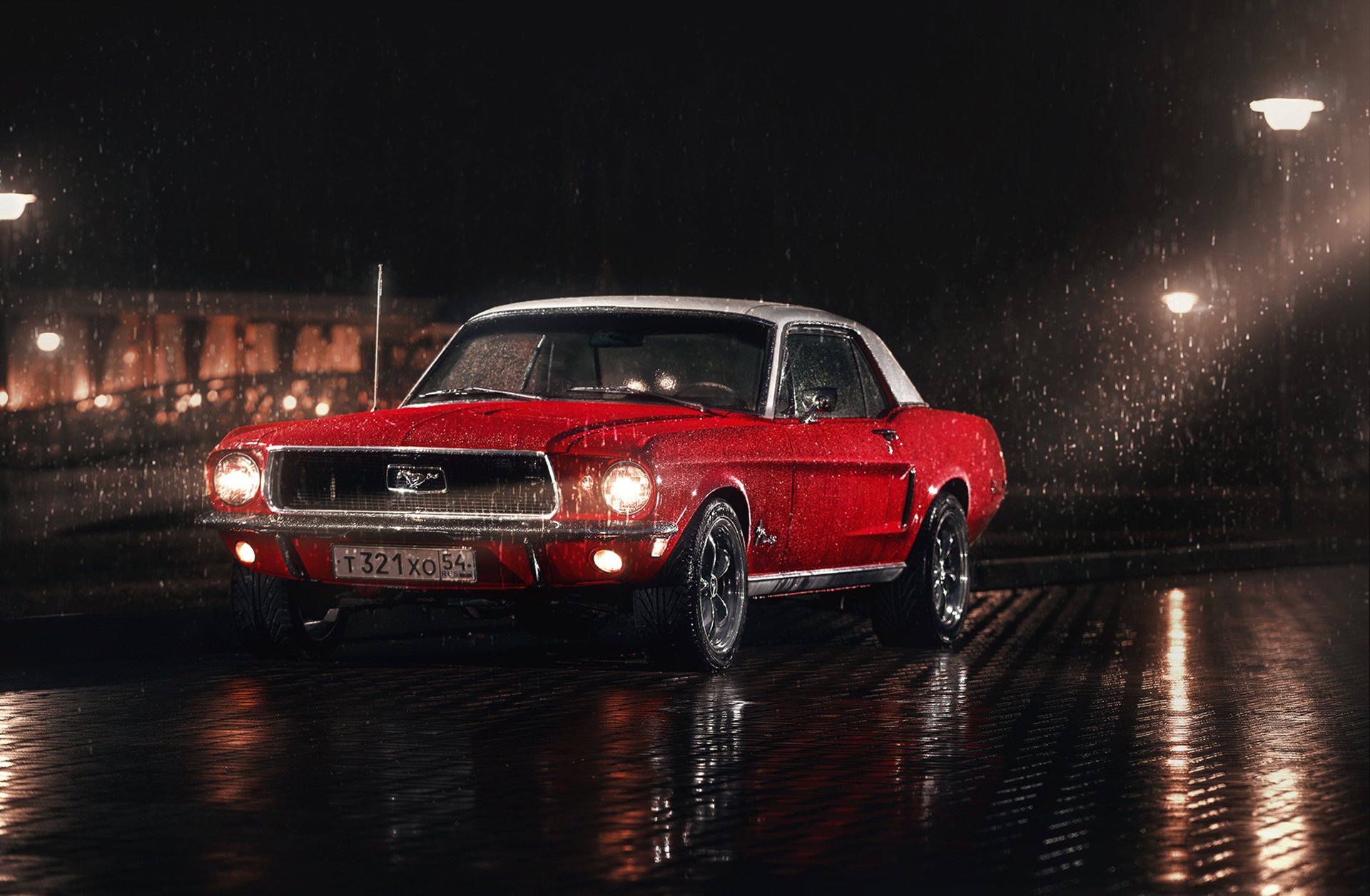 mustang ford 1967 czerwony biały spryskiwacze parking latarnie deszcz